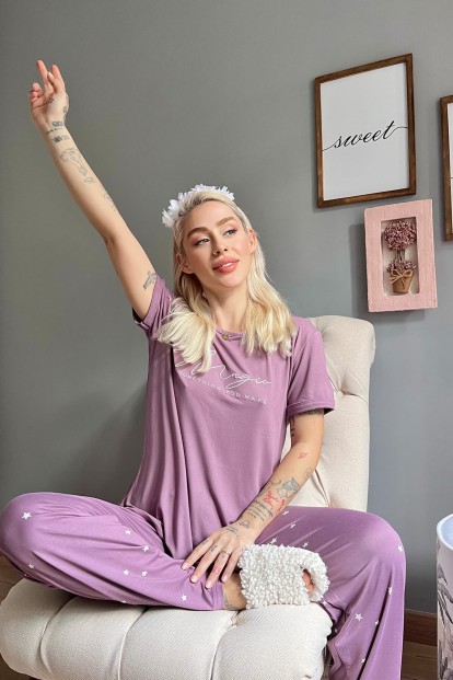 Mor Magic Desenli Bambu Kısa Kol Kadın Pijama Takımı - 2