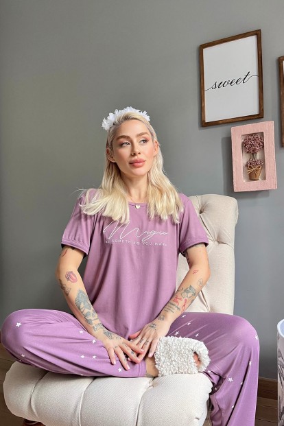 Mor Magic Desenli Bambu Kısa Kol Kadın Pijama Takımı - 3