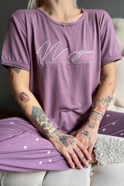 Mor Magic Desenli Bambu Kısa Kol Kadın Pijama Takımı - 4