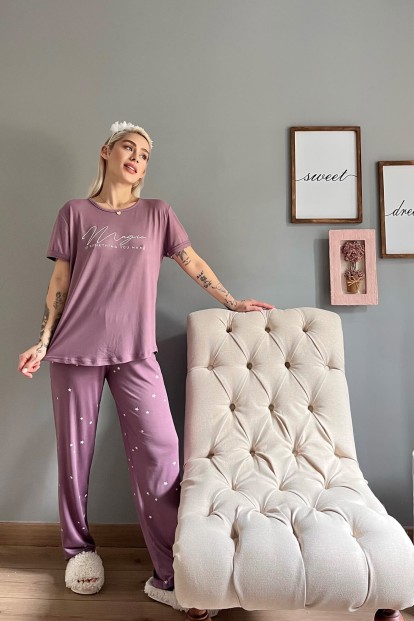 Mor Magic Desenli Bambu Kısa Kol Kadın Pijama Takımı - 5