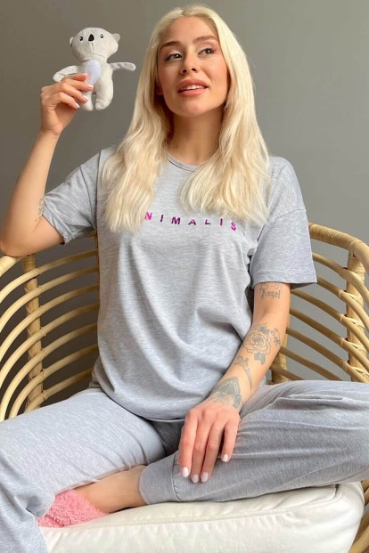 Mor Minimalist Baskılı Kısa Kollu Kadın Pijama Takımı - 1