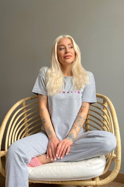 Mor Minimalist Baskılı Kısa Kollu Kadın Pijama Takımı - 2