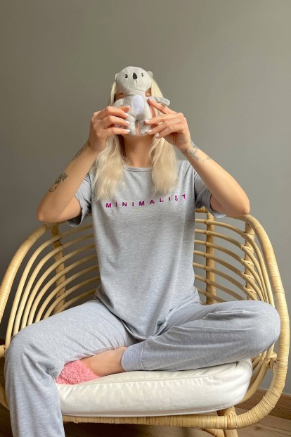 Mor Minimalist Baskılı Kısa Kollu Kadın Pijama Takımı - 4