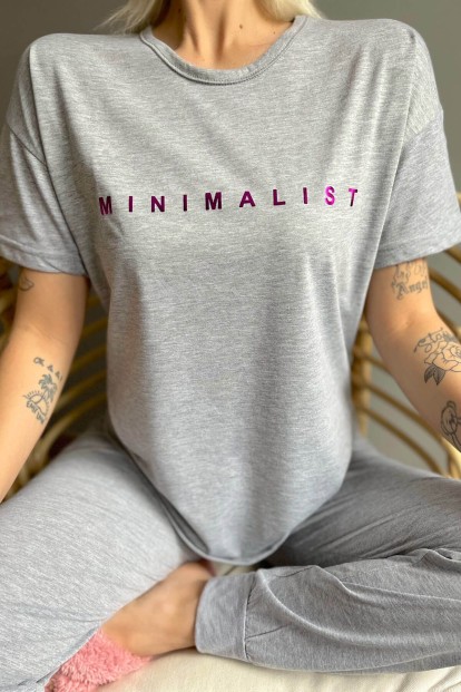Mor Minimalist Baskılı Kısa Kollu Kadın Pijama Takımı - 5