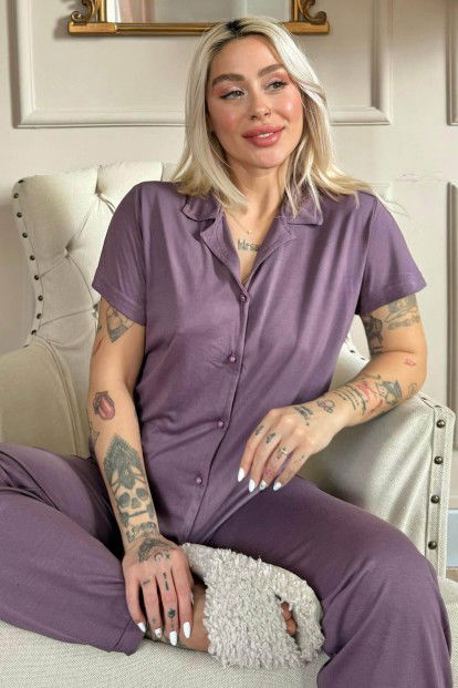 Mor Önden Düğmeli Kısa Kol Örme Kadın Pijama - 1