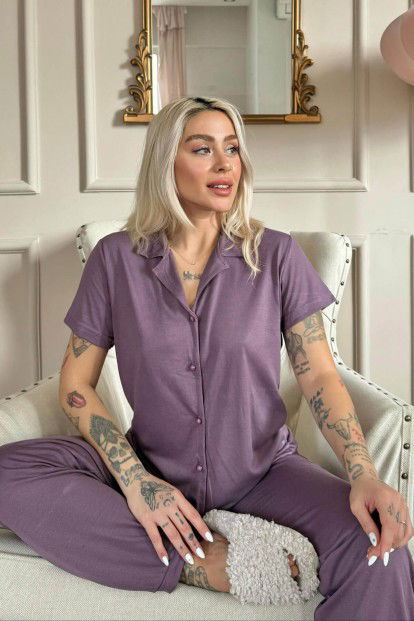 Mor Önden Düğmeli Kısa Kol Örme Kadın Pijama - 3