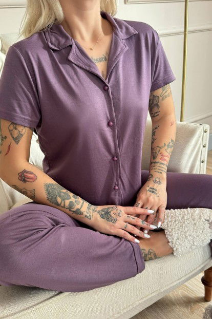 Mor Önden Düğmeli Kısa Kol Örme Kadın Pijama - 5