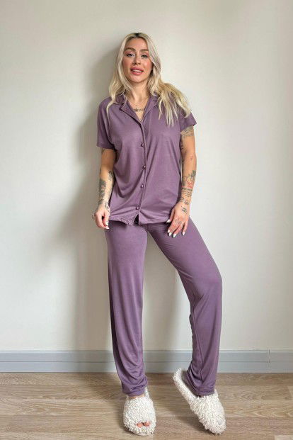 Mor Önden Düğmeli Kısa Kol Örme Kadın Pijama - 6