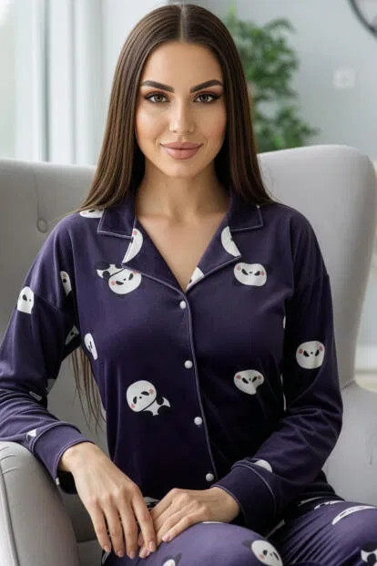 Mor Pengiu Desenli Exclusive Önden Düğmeli Kadife Kadın Pijama Takımı - 1