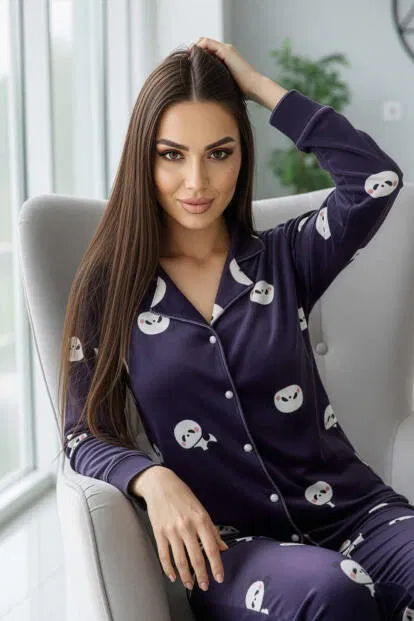 Mor Pengiu Desenli Exclusive Önden Düğmeli Kadife Kadın Pijama Takımı - 3