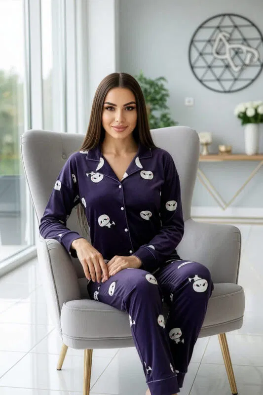 Mor Pengiu Desenli Exclusive Önden Düğmeli Kadife Kadın Pijama Takımı - Pijamaevi (3)