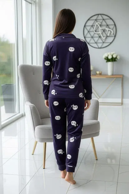 Mor Pengiu Desenli Exclusive Önden Düğmeli Kadife Kadın Pijama Takımı - 6