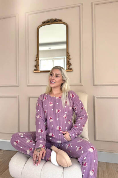 Mor Print Bear Desenli Kanguru Cepli Peluş Polar Pijama Takımı - 2