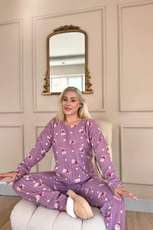 Mor Print Bear Desenli Kanguru Cepli Peluş Polar Pijama Takımı - Pijamaevi (2)