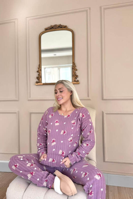 Mor Print Bear Desenli Kanguru Cepli Peluş Polar Pijama Takımı - Pijamaevi (3)