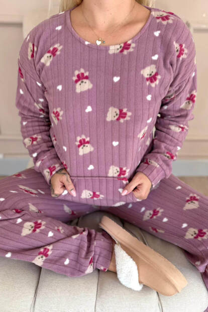 Mor Print Bear Desenli Kanguru Cepli Peluş Polar Pijama Takımı - 5