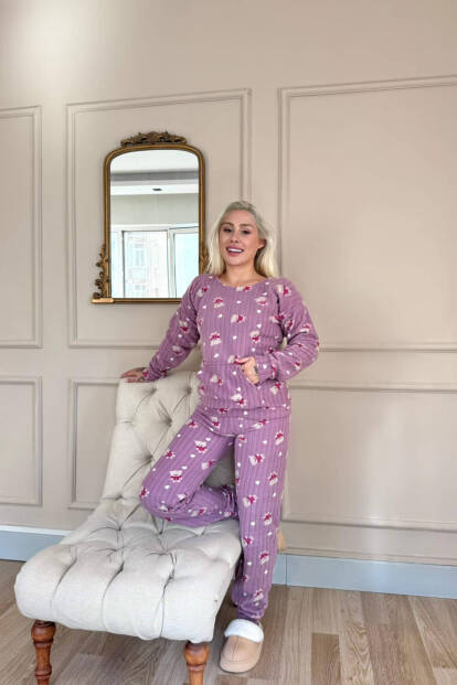 Mor Print Bear Desenli Kanguru Cepli Peluş Polar Pijama Takımı - 6
