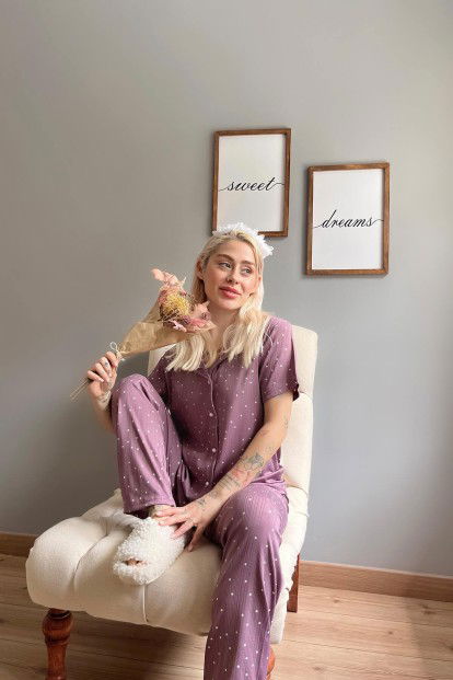 Mor Puan Desenli Örme Önden Düğmeli Kısa Kol Kadın Pijama - 2