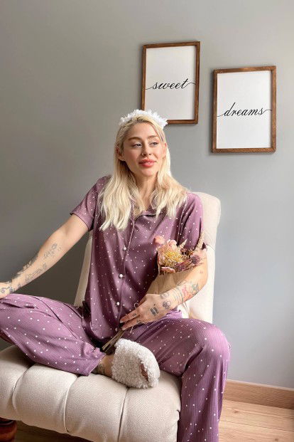 Mor Puan Desenli Örme Önden Düğmeli Kısa Kol Kadın Pijama - 3