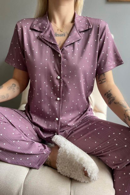 Mor Puan Desenli Örme Önden Düğmeli Kısa Kol Kadın Pijama - 4