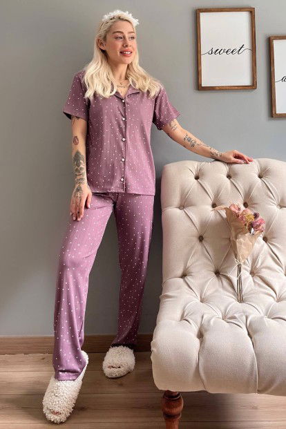 Mor Puan Desenli Örme Önden Düğmeli Kısa Kol Kadın Pijama - 5