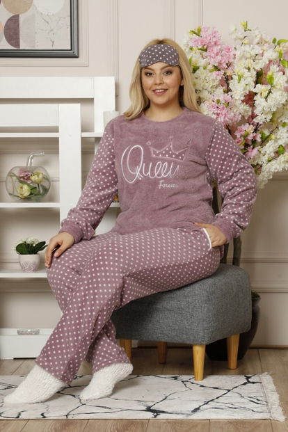 Mor Queen Desenli Büyük Beden Battal Kadın Peluş Pijama Takımı - 1