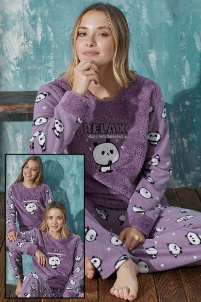 Mor Relax Panda Peluş Anne Kız Aile Pijaması - Anne Takım - 1