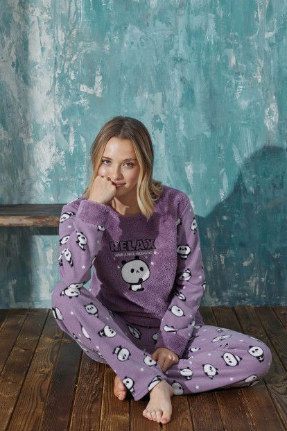 Mor Relax Panda Peluş Anne Kız Aile Pijaması - Anne Takım - 2
