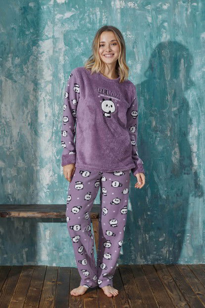 Mor Relax Panda Peluş Anne Kız Aile Pijaması - Anne Takım - 3