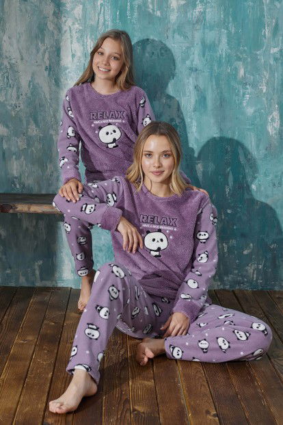 Mor Relax Panda Peluş Anne Kız Aile Pijaması - Anne Takım - 5