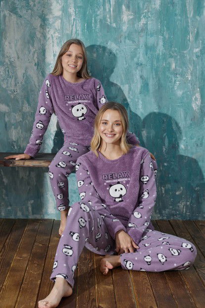 Mor Relax Panda Peluş Anne Kız Aile Pijaması - Anne Takım - 6