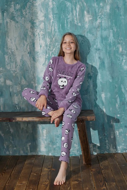 Mor Relax Panda Peluş Anne Kız Aile Pijaması - Kız Çocuk Takımı - 2