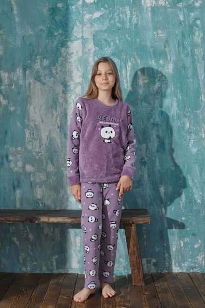 Mor Relax Panda Peluş Anne Kız Aile Pijaması - Kız Çocuk Takımı - 3