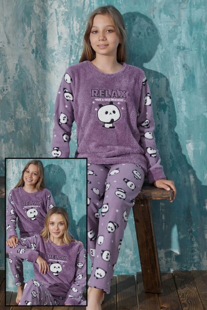 Mor Relax Panda Peluş Anne Kız Aile Pijaması - Kız Çocuk Takımı - 7