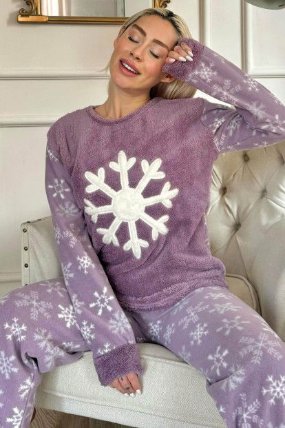 Mor Snefnug Desenli Kadın Peluş Pijama Takımı 