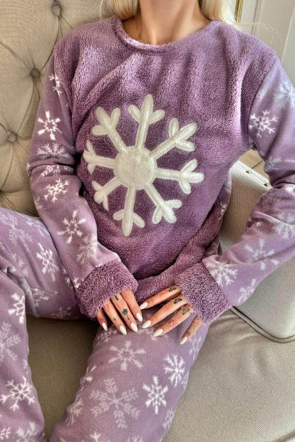Mor Snefnug Desenli Kadın Peluş Pijama Takımı - 5