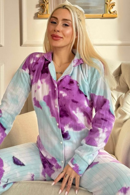 Mor Svila Desenli Önden Düğmeli Peluş Polar Pijama Takımı - 1