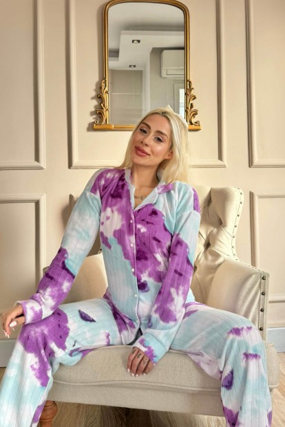 Mor Svila Desenli Önden Düğmeli Peluş Polar Pijama Takımı - 3