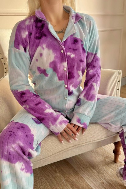 Mor Svila Desenli Önden Düğmeli Peluş Polar Pijama Takımı - 5