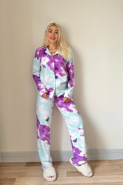 Mor Svila Desenli Önden Düğmeli Peluş Polar Pijama Takımı - 6