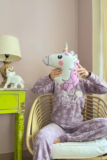 Mor Sweater Desenli Peluş Polar Pijama Takımı - 2