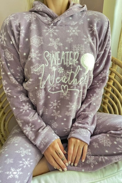 Mor Sweater Desenli Peluş Polar Pijama Takımı - 5