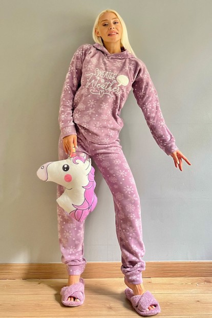 Mor Sweater Desenli Peluş Polar Pijama Takımı - 6