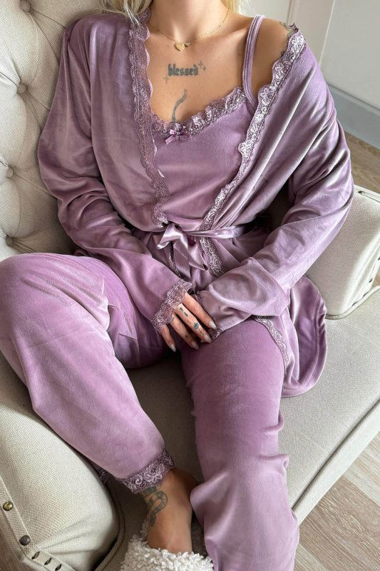 Mor Violet Exclusive Kadife Sabahlıklı Kadın Pijama Takımı  - Pijamaevi (3)