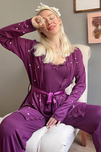 Mor Yıldız Desenli Bambu Sabahlıklı Kadın Pijama Seti - 1