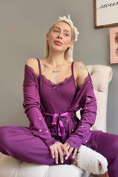 Mor Yıldız Desenli Bambu Sabahlıklı Kadın Pijama Seti - 2