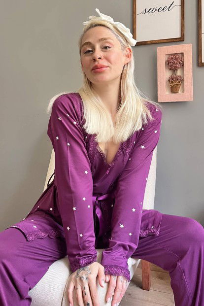 Mor Yıldız Desenli Bambu Sabahlıklı Kadın Pijama Seti - 3