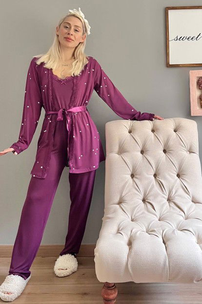 Mor Yıldız Desenli Bambu Sabahlıklı Kadın Pijama Seti - 5