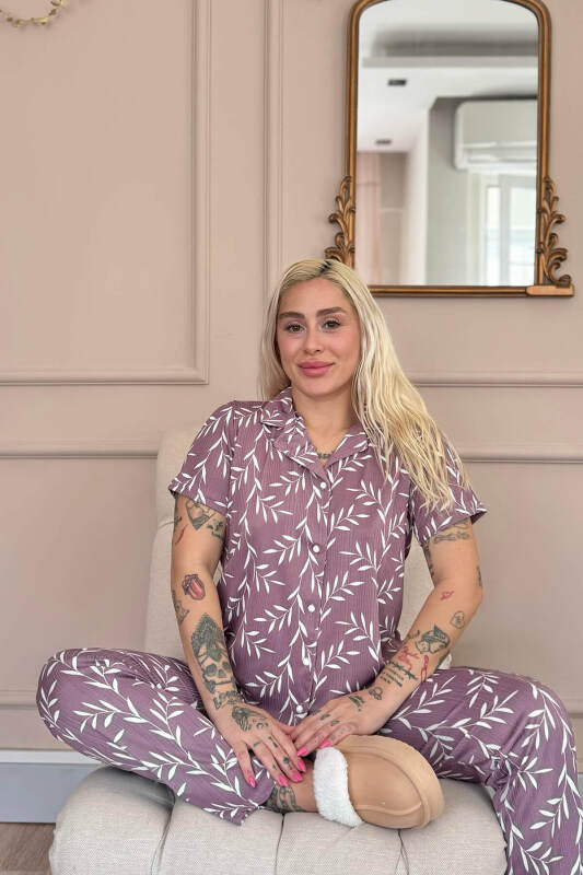 Mor Zeytin Dalı Desenli Örme Önden Düğmeli Kısa Kol Kadın Pijama - Pijamaevi (2)