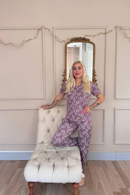 Mor Zeytin Dalı Desenli Örme Önden Düğmeli Kısa Kol Kadın Pijama - 6